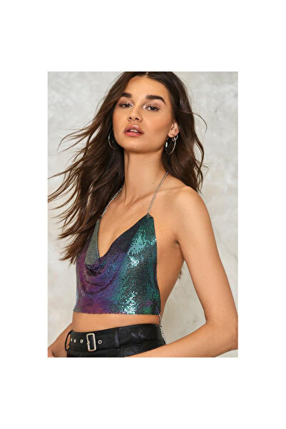 Veille Кришталевий кольоровий камінь, блискучий кроп, блискучий, металевий, відкритий комір, бюстгальтер з відкритою спиною на ланцюжках