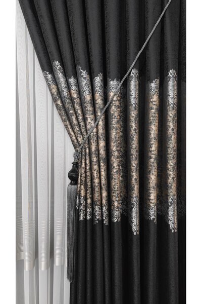 Yuka Panou fundal perdea negru gri și auriu cu model în dungi O singură aripă strâns plisată jacquard semilucioasă
