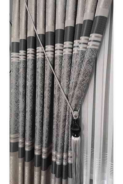 Yuka Panel Background Curtain Gray Anthracite Striped Patterned Single Wing Closely Pleated Jacquard Semi Glossy