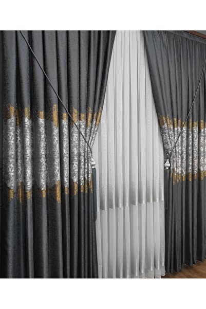 Yuka Panel Background Curtain Gray Light Gray and Gold Striped Patterned Single Sash Closely Pleated Jacquard Semi-Glossy