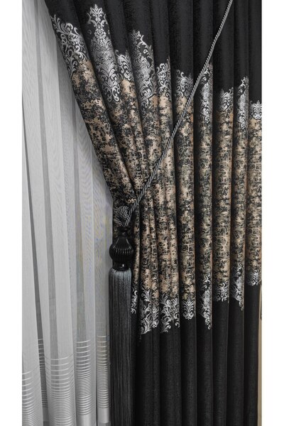 Yuka Panou fundal perdea negru gri și auriu cu model în dungi O singură aripă strâns plisată jacquard semilucioasă