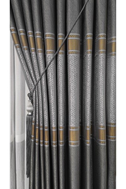 Yuka Panel Background Curtain Smoked Gray Gold Striped Wheat Detailed Single Wing Closely Pleated Jacquard Semi-Glossy