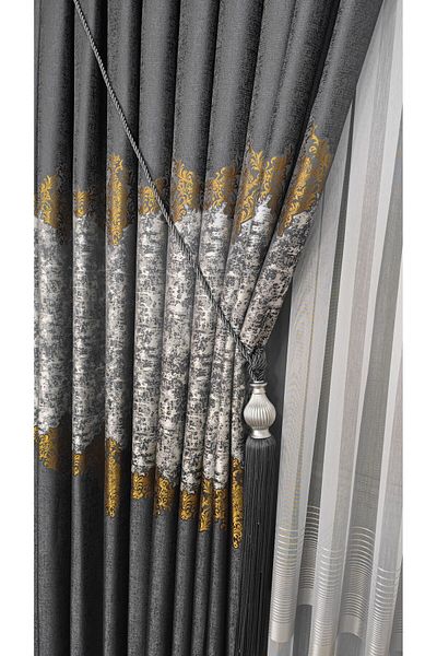 Yuka Panel Background Curtain Gray Light Gray and Gold Striped Patterned Single Sash Closely Pleated Jacquard Semi-Glossy