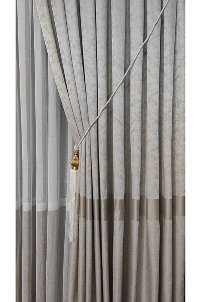 Yuka Panel Background Curtain Cream Beige Gold Stripe Cloud Patterned Single Sash Closely Pleated Jacquard Semi-Glossy