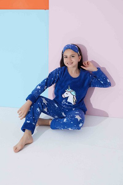 MEBA Set de pijamale din fleece din pluș albastru cu unicorn de călătorie pentru fetiță