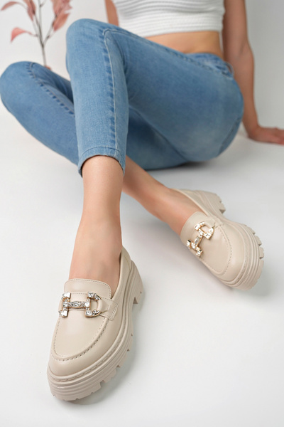 tuwoshoes Kadın Kalın Tabanlı Taşlı Tokalı Bej Loafer Kolej Ayakkabısı
