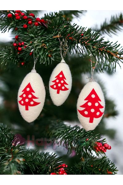 Happyland Christmas Pine Tree Ornament 3 Pieces Red and White 6 cm Christmas Ball with Tree Figure