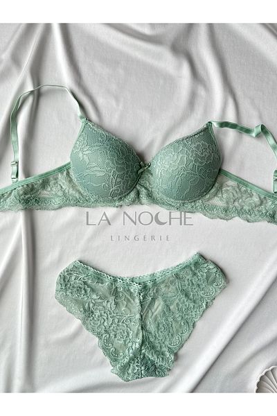 La Noche Lingerie Women's Green Lace Underwire Supported Push Up Bra Panties Set