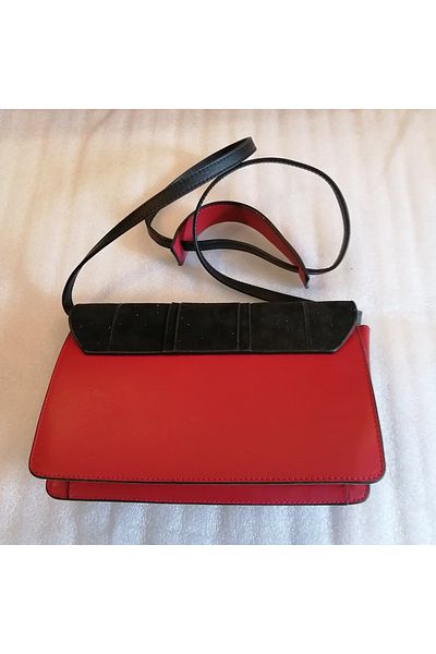 İnci Women's Genuine Leather Red Genuine Suede Black Combination Single Eye Detachable Shoulder Strap Magnet Bag