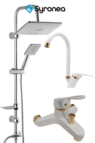 Syronea Mix Beyaz Altın Banyo Duş Lavabo Seti 3 Parça Banyo Yenileme Seti Batarya Musluk