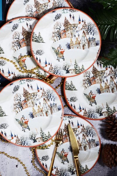 Porselen Diyarı New Year's Pattern Special Design 6-Piece Snowy House Digital Printing Cake Plate 20 Cm