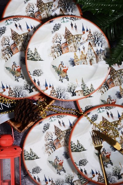 Porselen Diyarı New Year's Pattern Special Design 6-Piece Snowy House Digital Printing Serving Plate 26 Cm