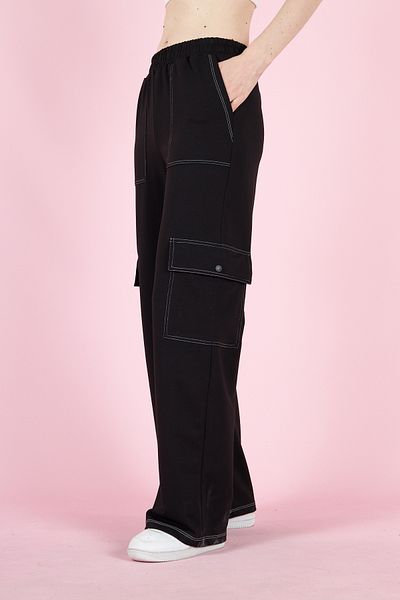 PONÇİK Women's Cargo Pocket Two Thread Elastic Waist Wide Leg Trousers Seasonal 22589 Black