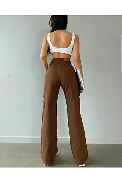 Trn JNS Elsa Brown Cargo Pocket Πίσω χωρίς τσέπη ψηλόμεσο τζιν τζιν Palazzo παντελόνι