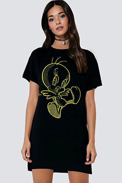 ROCKANDROLL Rochie tricou damă din bumbac pieptănat cu mânecă scurtă, negru, ...