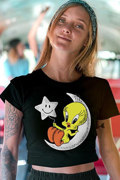 ROCKANDROLL Ay Yıldız Siyah Kısa, Kesik Crop Top Kadın Tişört