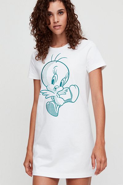ROCKANDROLL Γυναικείο μπλουζάκι Cheerful Bird White κοντομάνικο χτενισμένο βαμβακερό φόρεμα