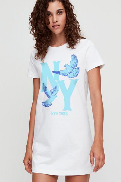 ROCKANDROLL Rochie tricou damă Ny Pigeons, albă, cu mânecă scurtă din bumbac pieptănat