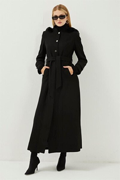 Zühre Stand Collar Fur Detailed Black Stamp Coat 13326