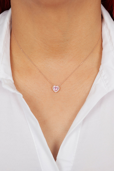 klas gümüş 925 AYAR GÜMÜŞ ROSE PEMBE TAŞLI KALP KOLYE