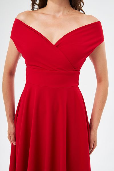 WOMAN VISION Rochie midi de damă, roșie, elastică, cu guler dublu, 046