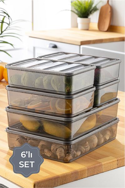 Vienev Bella 6-Piece Anthracite Refrigerator Organizer - 2X3.5 Liter 4X1.75 Liter
