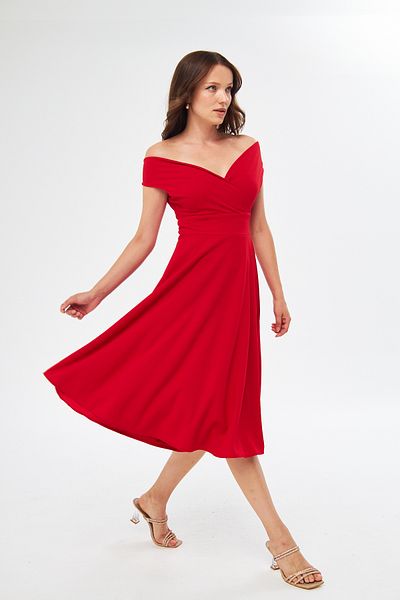 WOMAN VISION Rochie midi de damă, roșie, elastică, cu guler dublu, 046