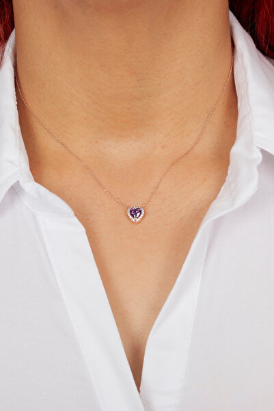 klas gümüş 925 AYAR GÜMÜŞ ROSE AMETİST TAŞLI KALP KOLYE