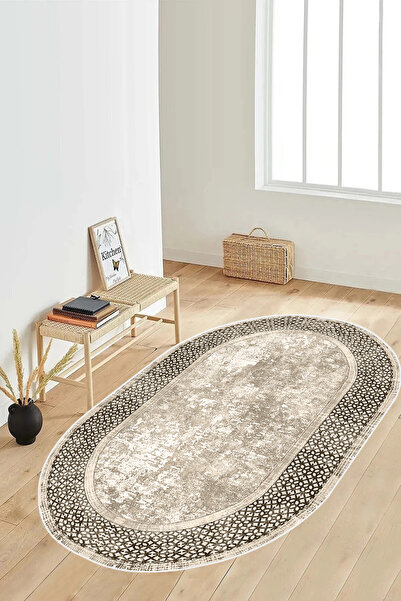 Qatalina Etnik Desenli makinada Yıkanabilir Kaymaz Dot Taban Oval Salon Halıs...