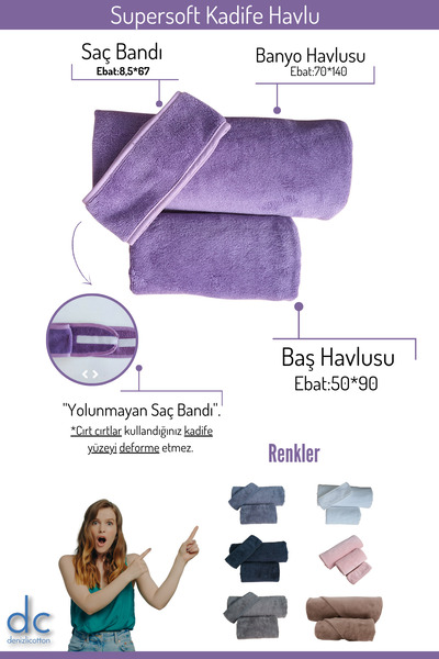 denizlicotton Спеціальний набір суперм'яких оксамитових рушників для салонів краси: рушник для ванної 70x140 см, рушник для голови 50x90 см, бандана 8x70 см.