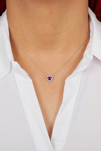 klas gümüş 925 AYAR GÜMÜŞ RODAJ AMETİST TAŞLI KALP KOLYE