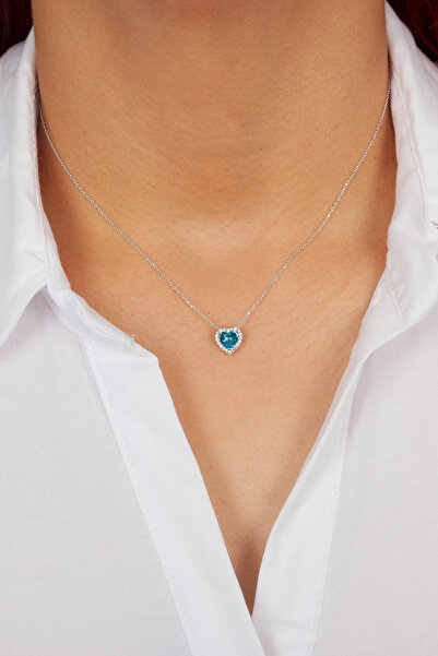 klas gümüş 925 AYAR GÜMÜŞ RODAJ AKUAMARİN TAŞLI KALP KOLYE