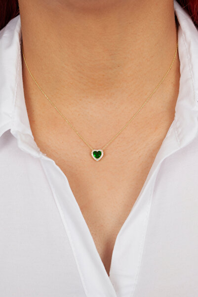 klas gümüş 925 AYAR GÜMÜŞ ROSE YEŞİL TAŞLI KALP KOLYE