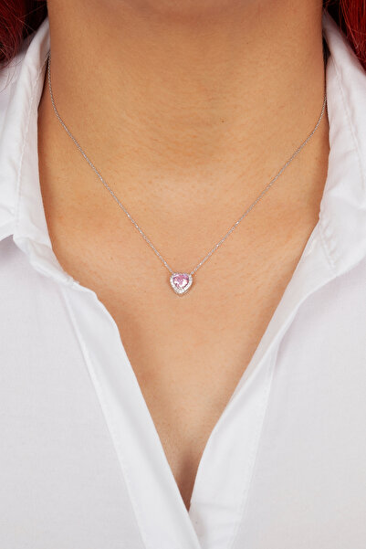 klas gümüş 925 AYAR GÜMÜŞ RODAJ PEMBE TAŞLI KALP KOLYE