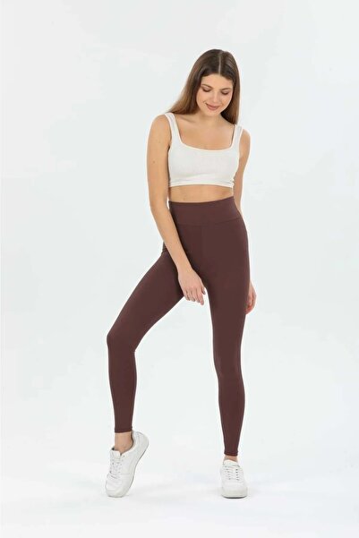 Butik Şımarık Dámské hnědé zimní fleecové žebrované punčochové kalhoty s vyso...