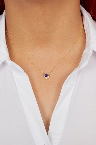 klas gümüş 925 AYAR GÜMÜŞ GOLD AMETİST TAŞLI KALP KOLYE