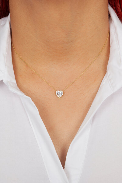 klas gümüş 925 AYAR GÜMÜŞ GOLD BEYAZ TAŞLI KALP KOLYE