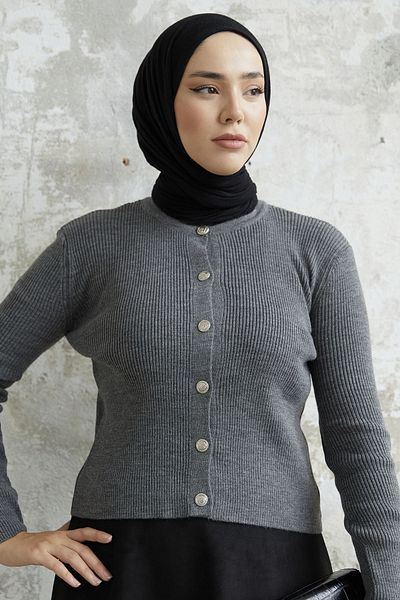 InStyle سترة صوفية قصيرة بأزرار من لورين ستون - فحمي