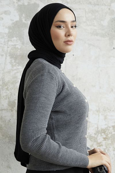 InStyle سترة صوفية قصيرة بأزرار من لورين ستون - فحمي