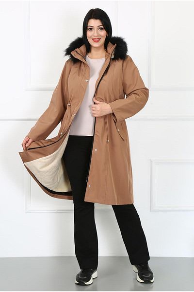 By Alba Collection Γυναικείο ανοιχτό καφέ μακρύ ύφασμα Bondit εσωτερικά σγουρό παλτό μεγάλου μεγέθους