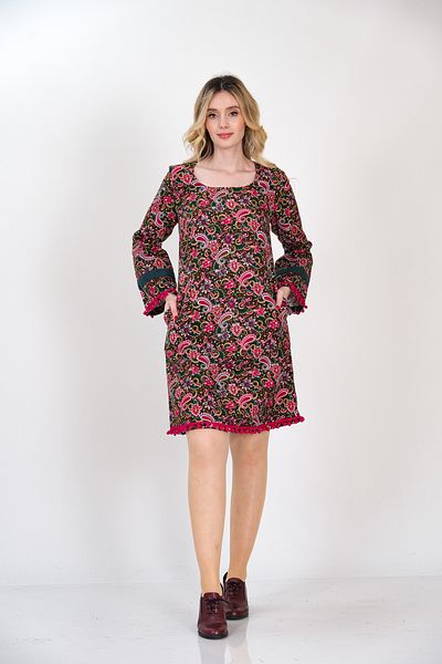 İna Rochie de iarnă roz cu imprimeu șal, cu fustă și accesorii cu pompon la capătul mânecii de la Divitin Flannel