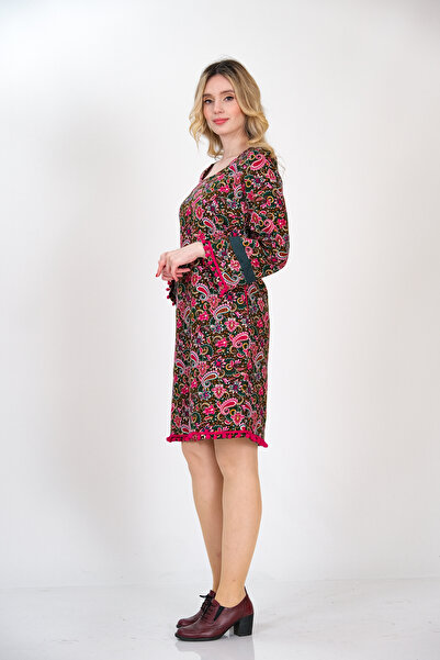 İna Divitin Pazen'den Etek Ve Kol Ucu Ponpon Aksesuarlı Şal Desenli Pembe Kışlık Elbise