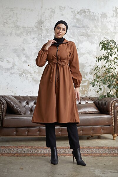 Esre Store Bel Büzgülü Tesettür Trençkot Taba