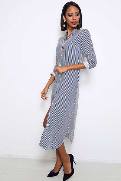 AVORWE Shirt Collar Striped Front Button Midi Dress