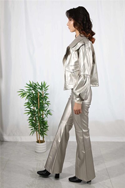 Simli Moda Women's Metallic Gray High Waist Spanish Leg Leather Pants 040