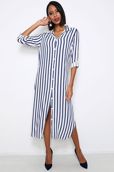 AVORWE Shirt Collar Striped Front Button Midi Dress