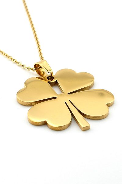 Solfera Four Leaf Clover Luck Talisman Stainless Yellow Steel Necklace Q0744