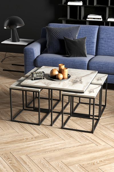 GOLDFALEZ 5-Piece Modern Nesting Coffee Table Set - 1 Center Table  + 4 Side Tables - Black Metal Frame