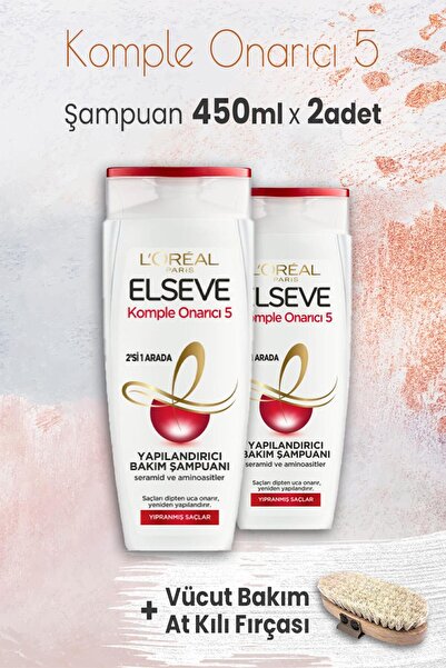 ELSEVE Komple Onarıcı 5 Şampuan 2'si 1 Arada 450 ml X 2 Adet Ve Vücut Bakım At Kılı Fırçası