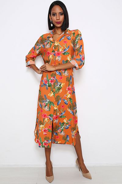 AVORWE Shirt Collar Floral Front Button Midi Dress